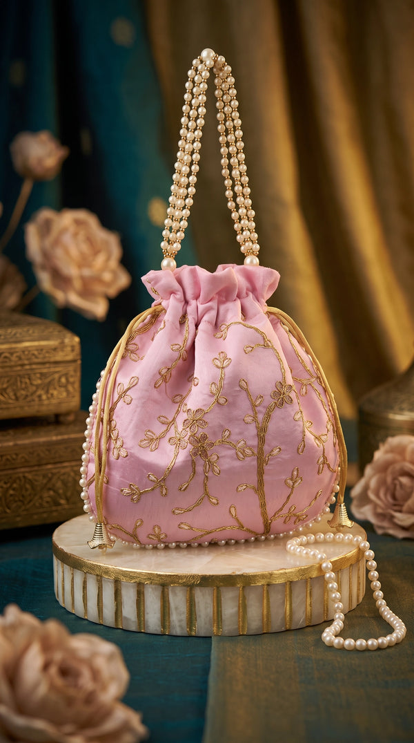 Baby Pink Embroidered Pearl-Trim Potli Bag with Drawstring and Gold Floral Work for Wedding Festive Return Gifts - Baby Pink