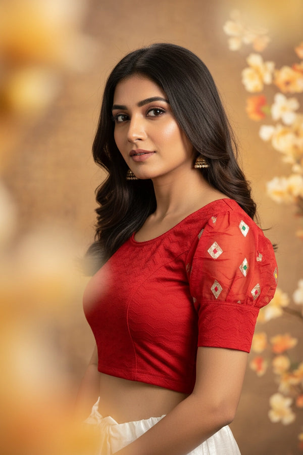 Red Readymade Designer Blouse with Puff Sleeves and Zari Motifs, Fully Stitched Stretchable Ethnic Top - Red