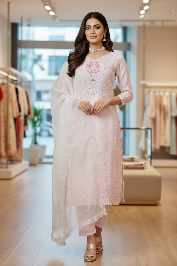 Light Pink Roman Silk 3-Piece Kurti Set with Organza Work Pant & Sequined Dupatta