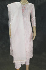 Light Pink Roman Silk 3-Piece Kurti Set with Organza Work Pant & Sequined Dupatta - Light Pink