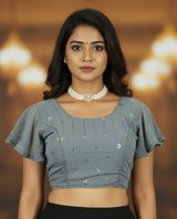 Grey Readymade Padded Designer Sleeveless Blouse with Embroidery Work, Back Knot, Fully Stitched