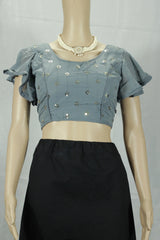 Grey Readymade Padded Designer Sleeveless Blouse with Embroidery Work, Back Knot, Fully Stitched - Grey