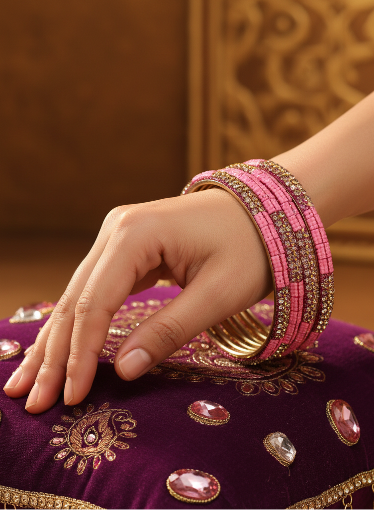 Multicolour Crystal Bangles Set with Gold-Tone Sparkle for Festive Wear (Rose Pink)