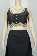 Black Readymade Padded Designer Blouse with Sequin Floral Motifs, Sleeveless, Back Knot, Adjustable up to 44 - Black