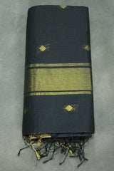 Black Silk Cotton Saree with Zari Border and All-Over Diamond Buti, Comes with Blouse - Black