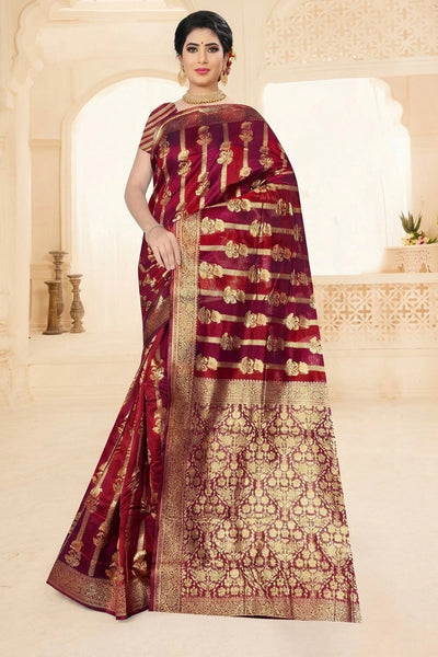Maroon Organza Silk Designer Saree with Floral Jaal, Grand Pallu and Zari Border, Comes with Blouse - Maroon