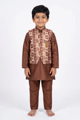Boys’ Brown Koti Kurta Set (3-Piece) with Printed Sleeveless Koti & Traditional Motifs - Brown
