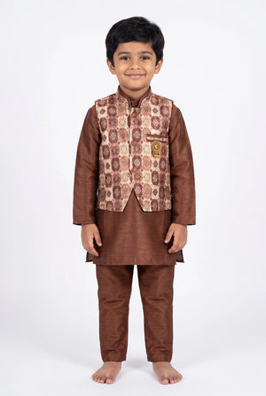 Boys’ Brown Koti Kurta Set (3-Piece) with Printed Sleeveless Koti & Traditional Motifs