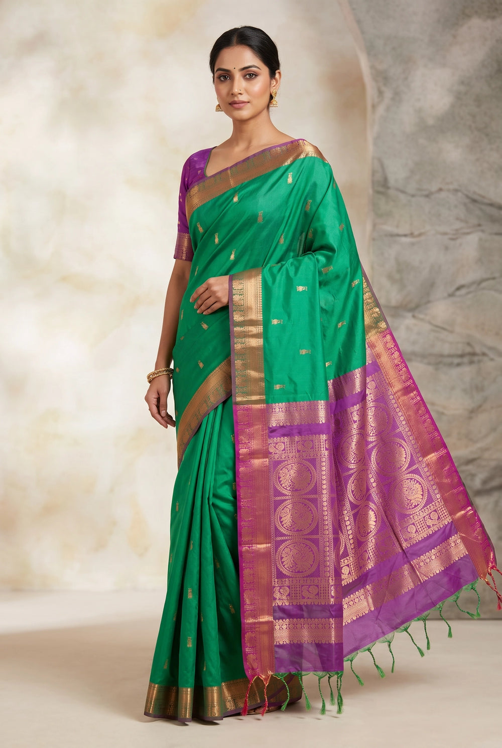 Green Semi Soft Silk Saree with Purple Contrast Border, Gold Zari Buttas & Traditional Floral Border - Green