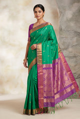 Green Semi Soft Silk Saree with Purple Contrast Border, Gold Zari Buttas & Traditional Floral Border - Green