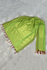Parrot Green Ponnadai Poly Silk Jacquard Temple Shawl with Tassels for Pooja, Weddings & Functions - Parrot Green