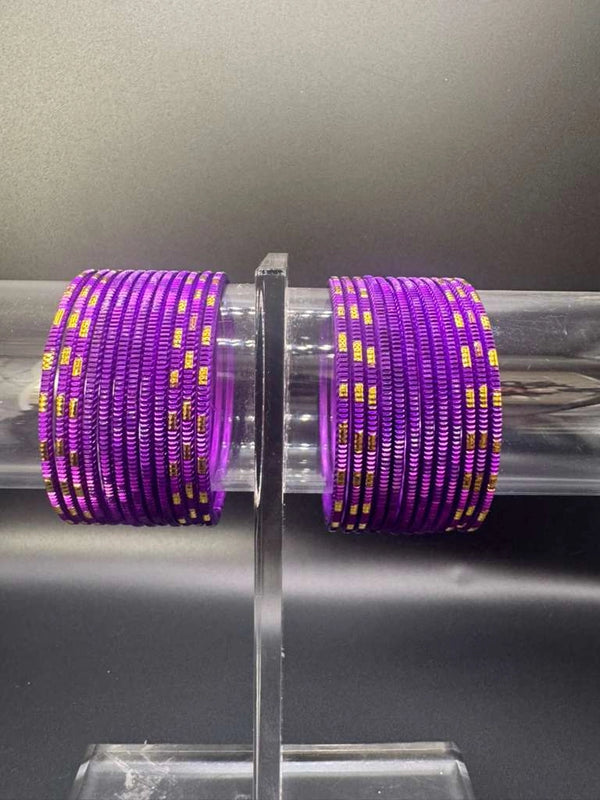 Kids Purple Metal Bangles Set (24 Pcs) with Gold Tone Stripes for Daily Wear and Festive Outfits - Purple