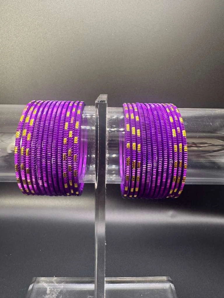 Kids Purple Metal Bangles Set (24 Pcs) with Gold Tone Stripes for Daily Wear and Festive Outfits - Purple