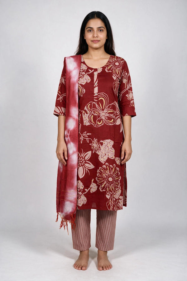 Maroon Cotton 3-Piece Kurti Set with Elastic Pant and Matching Dupatta for Women - Maroon