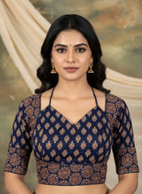 Navy Blue Floral Print Padded Readymade Cotton Blouse with Ajrakh-Inspired Motifs, Back Knot & Elbow Sleeves - Navy Blue