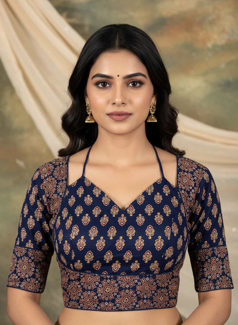 Navy Blue Floral Print Padded Readymade Cotton Blouse with Ajrakh-Inspired Motifs, Back Knot & Elbow Sleeves - Navy Blue