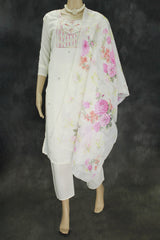 White Roman Silk Kurti with Pant & Organza Digital Dupatta - Zari Sequence Neck Design, 3-Piece Set - White