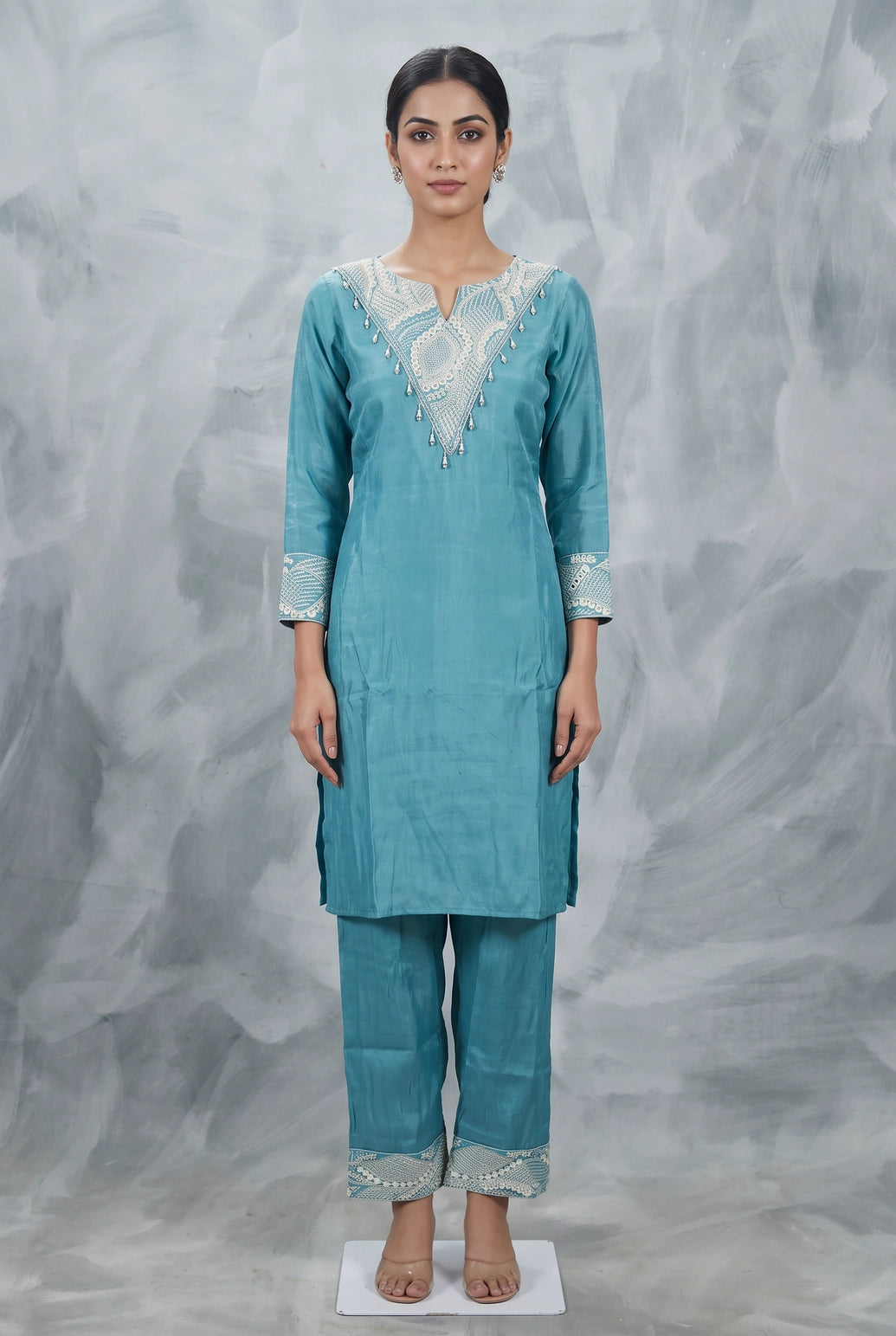 Teal Blue Glass Roman Co-Ord Kurti Set with Embroidered V-Neckline and Bead Detail - Teal Blue