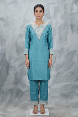 Teal Blue Glass Roman Co-Ord Kurti Set with Embroidered V-Neckline and Bead Detail - Teal Blue