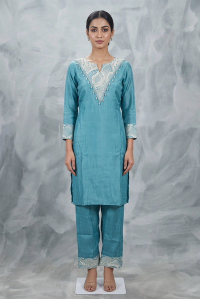 Teal Blue Glass Roman Co-Ord Kurti Set with Embroidered V-Neckline and Bead Detail - Teal Blue