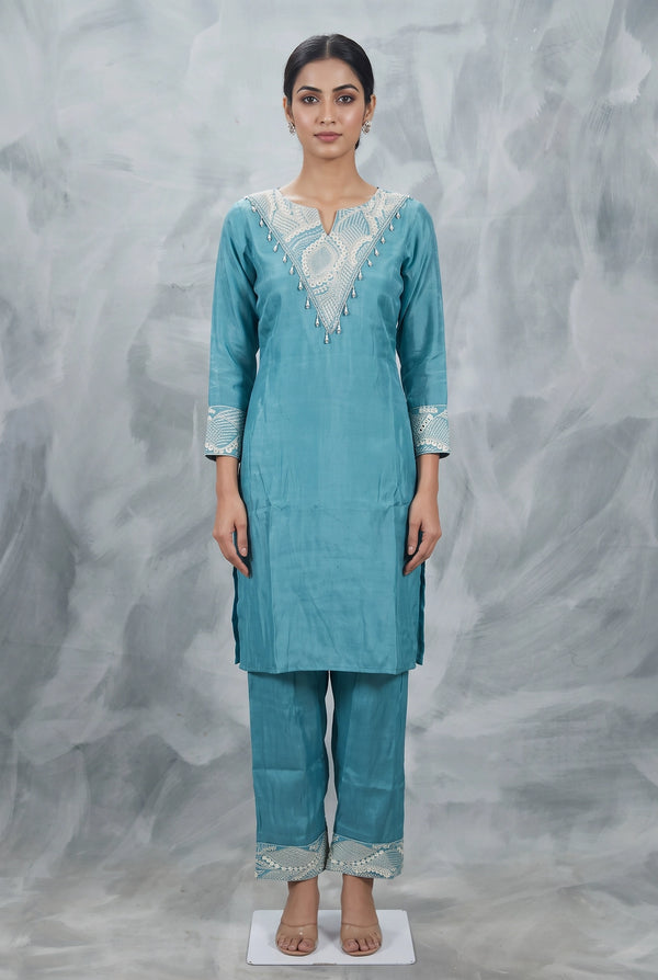 Teal Blue Glass Roman Co-Ord Kurti Set with Embroidered V-Neckline and Bead Detail - Teal Blue