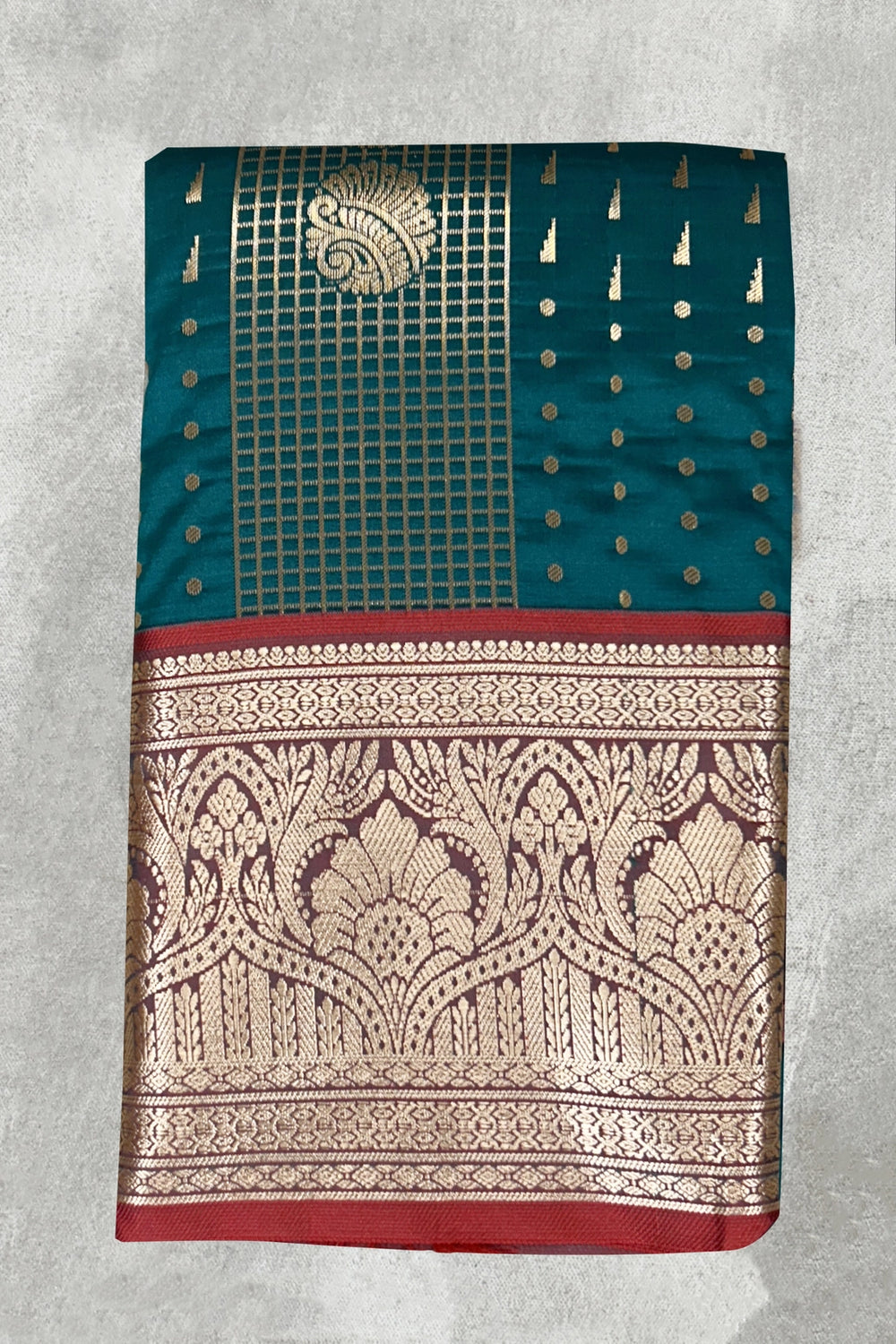 Teal Blue Pure Silk Saree with Heavy Pallu Border and Contrast Blouse Piece - Teal Blue