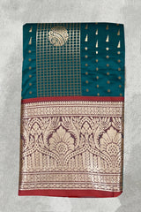 Teal Blue Pure Silk Saree with Heavy Pallu Border and Contrast Blouse Piece - Teal Blue