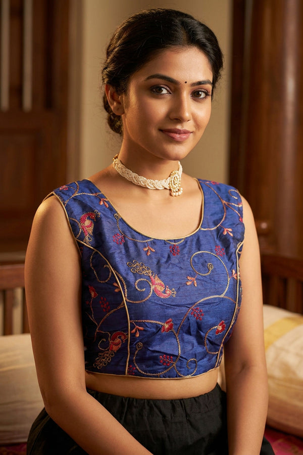 Navy Blue Readymade Designer Padded Blouse with Abstract Floral Thread Work, Sleeveless Back Knot