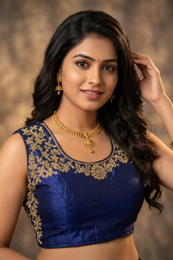 Dark Blue Padded Designer Sleeveless Blouse with Golden Aari Floral Work and Back Knot, Fully Stitched
