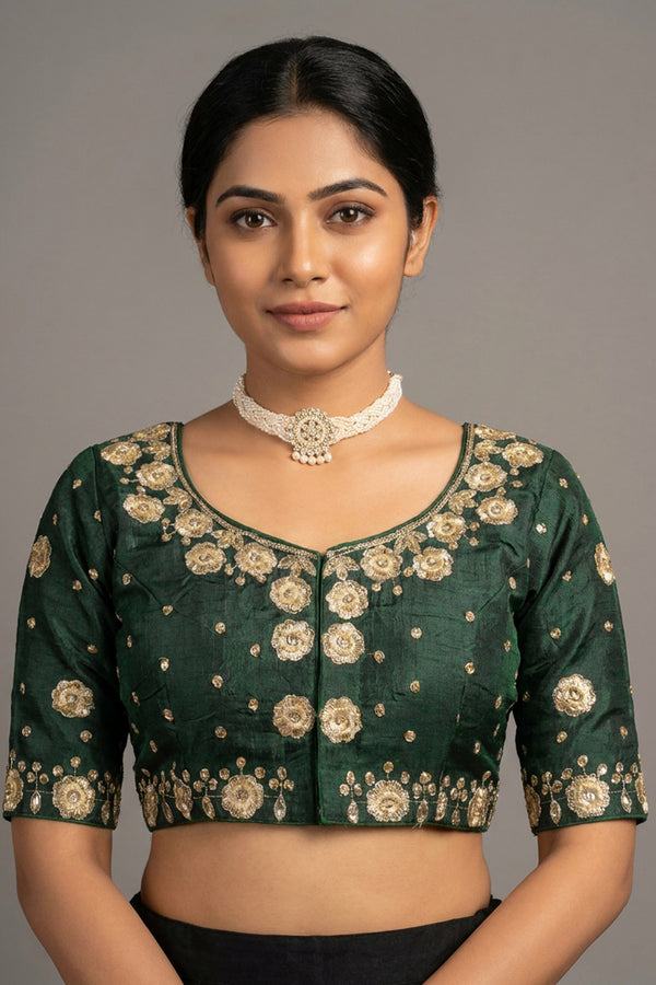 Green Readymade Padded Designer Blouse with Floral Embroidery and Sequin Work, Elbow Sleeve, Back Knot