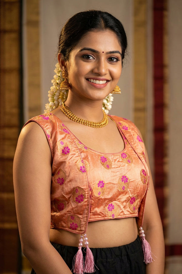 Light Orange Designer Padded Blouse with Heavy Jari Work, Tassel Detailing and Back Knot for Women