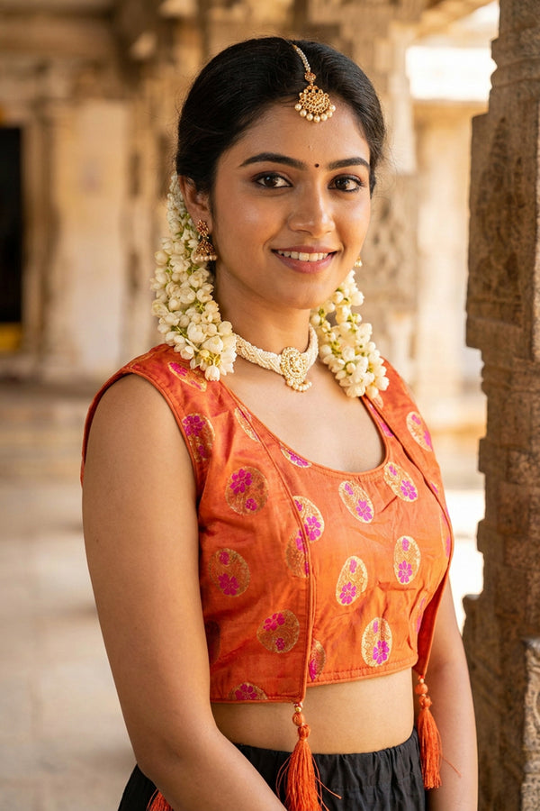 Orange Readymade Designer Padded Blouse with Jari Work & Tassel Detailing, Fully Stitched