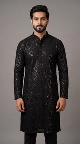 Men’s Black Chikankari Cotton Kurta with Sequin Embroidery by Pareek - Black