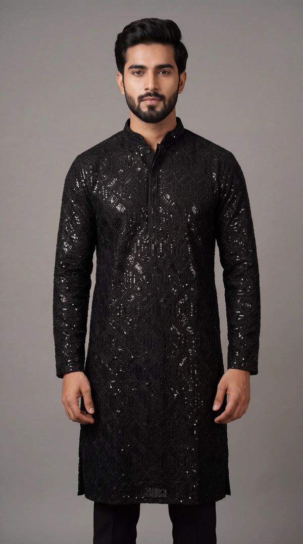 Men’s Black Chikankari Cotton Kurta with Sequin Embroidery by Pareek - Black