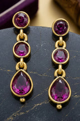 Purple Stone Teardrop Dangle Gold-Tone Fashion Earrings, Oval Stones Triple Drop Party Wear - Purple