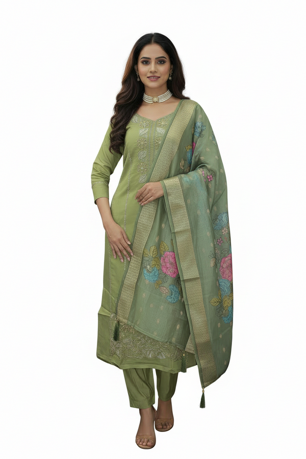 Olive Green 3-Piece Kurti Set with Aari Work, Beaded Details & Digital Jacquard Dupatta (Kurti, Pant, Dupatta)