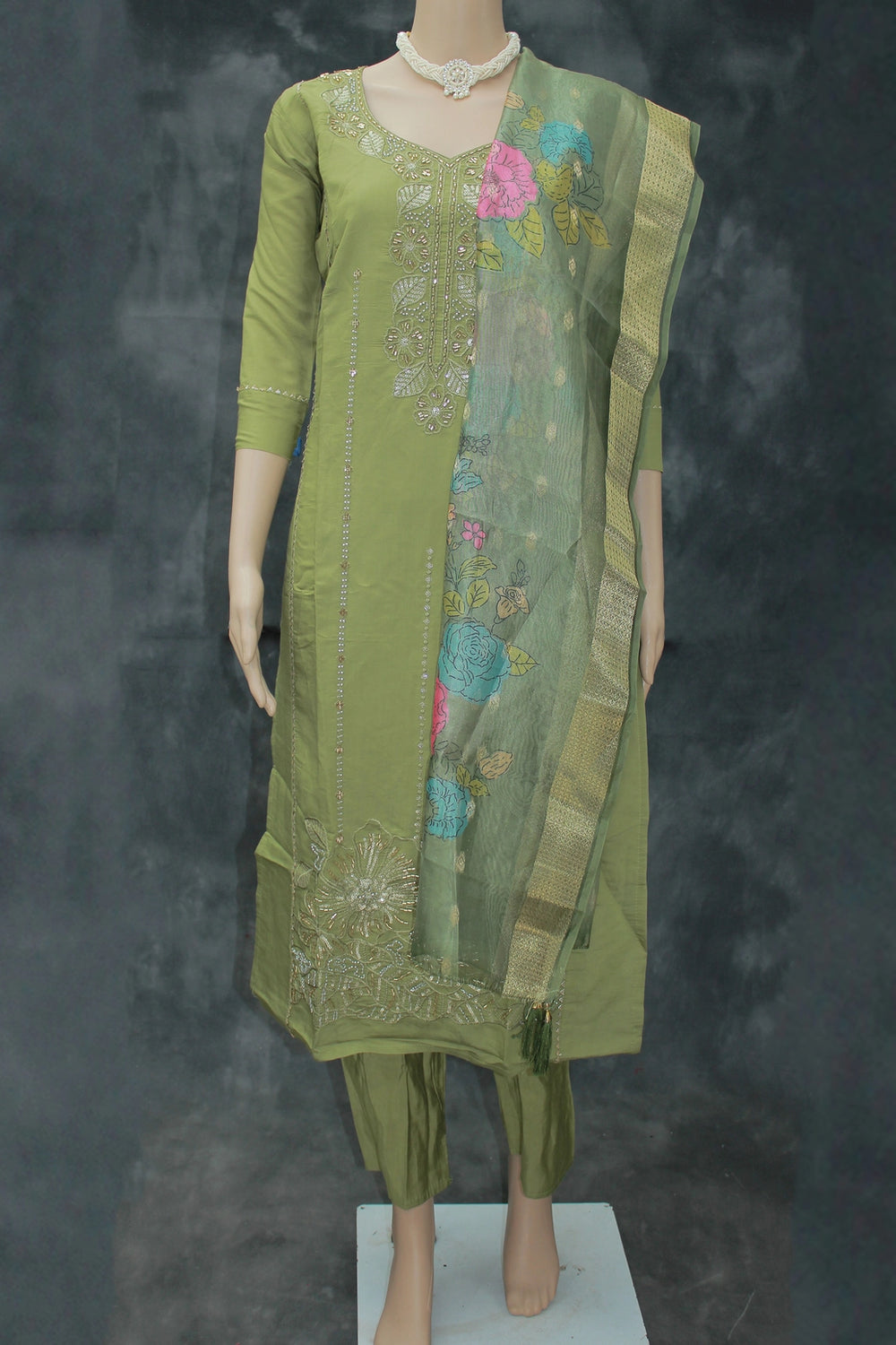 Olive Green Roman Silk 3-Piece Kurti Set with Beads & Aari Work and Digital Jacquard Dupatta - Olive Green