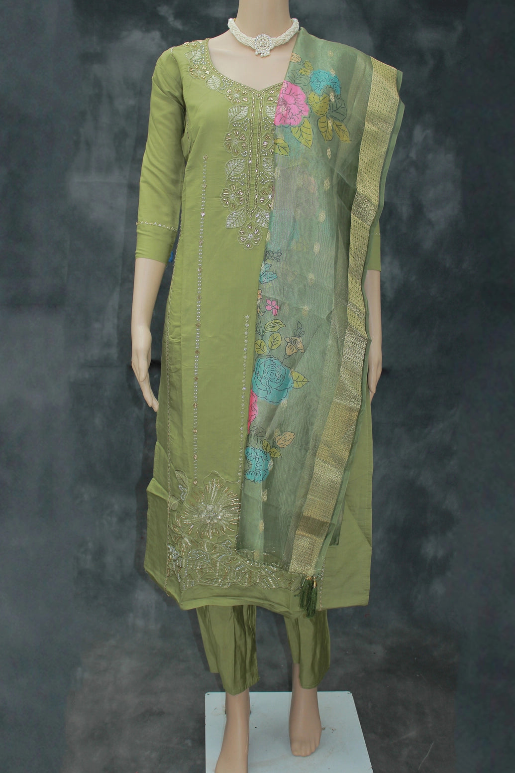 Olive Green Roman Silk 3-Piece Kurti Set with Beads & Aari Work and Digital Jacquard Dupatta - Olive Green