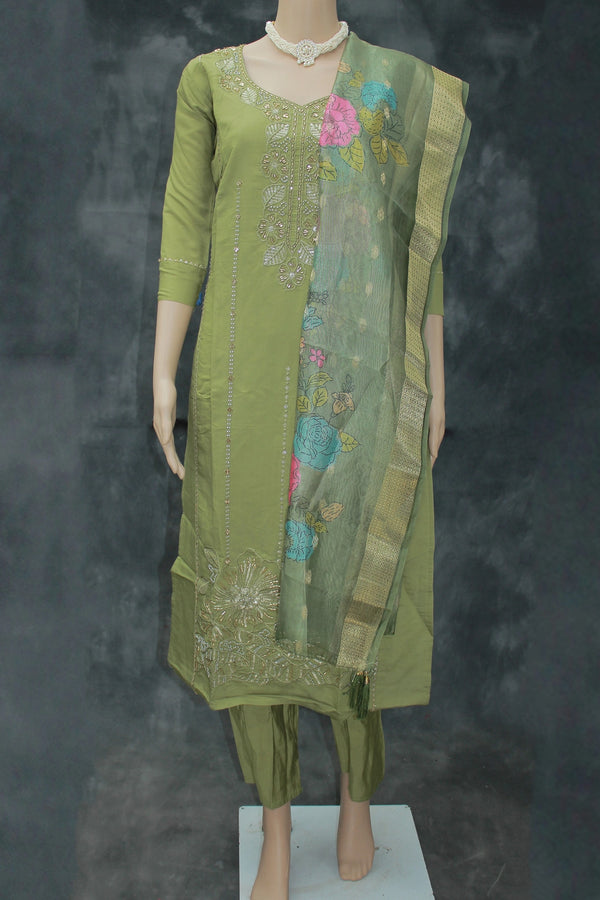 Olive Green Roman Silk 3-Piece Kurti Set with Beads & Aari Work and Digital Jacquard Dupatta - Olive Green