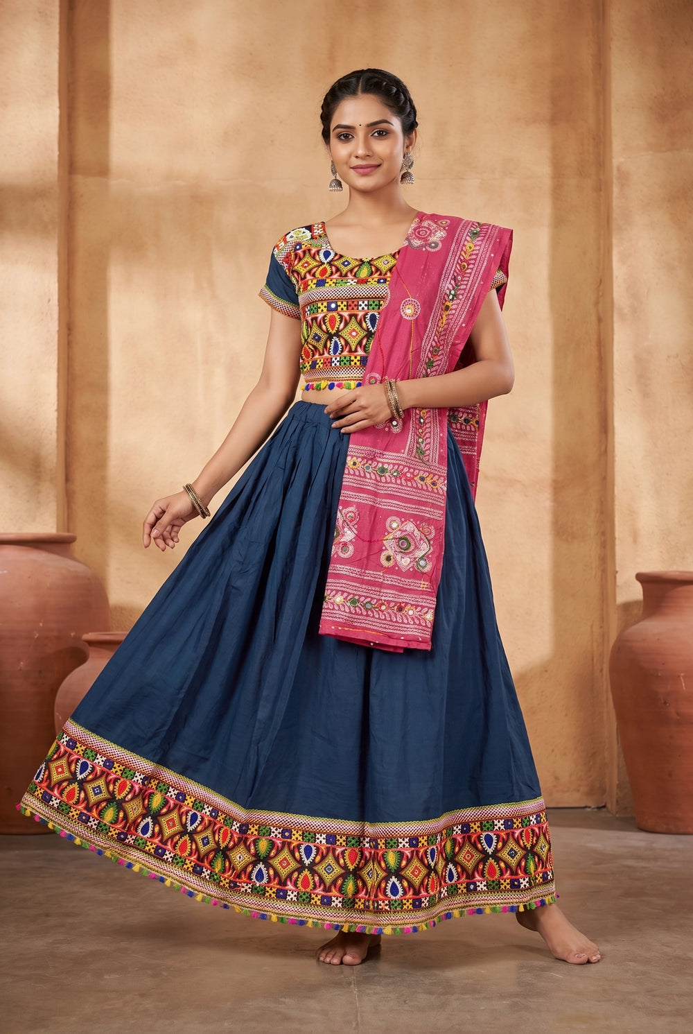 Navy Blue Navratri Designer Chaniya Choli with Mirror Work Choli and Kutchi Border Flared Skirt - Navy Blue