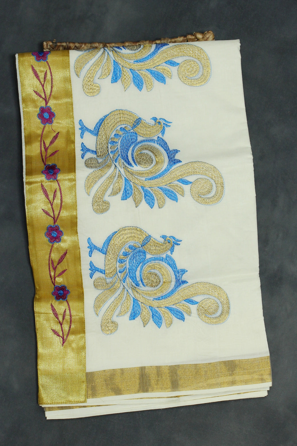 Pure Kerala Cotton White Saree with Gold Zari Border and Blue Peacock Embroidery - Blouse Included - White