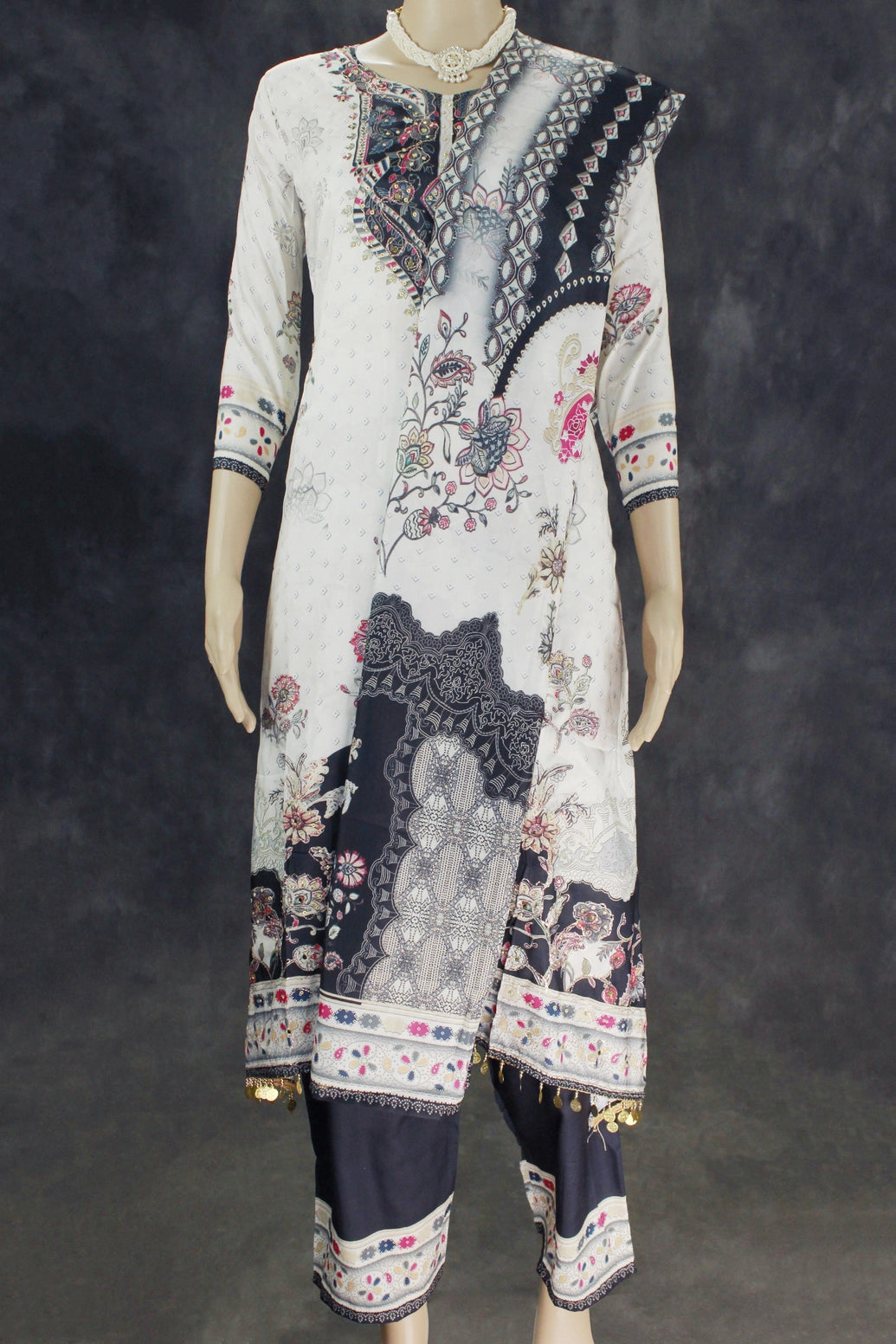 Light Cream Designer Crepe 3-Piece Salwar Suit with Mirror & Stone Work - Kurti, Pant & Cotton Dupatta