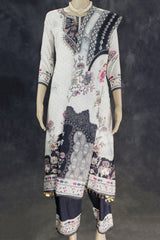 Light Cream Designer Crepe 3-Piece Salwar Suit with Mirror & Stone Work - Kurti, Pant & Cotton Dupatta