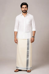 Men Off-White Cotton Dhoti with Silver Zari Border (2 Metre Single Veshti)
