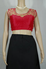 Red Designer Padded Blouse With Golden Aari Work Floral Motifs, Back Knot & Sleeveless Design - Red