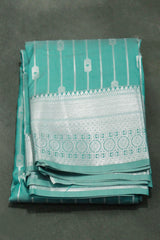 Green Bridal Vaira Oosi Semi Silk Saree with Silver Zari Border and Blouse Piece - Green