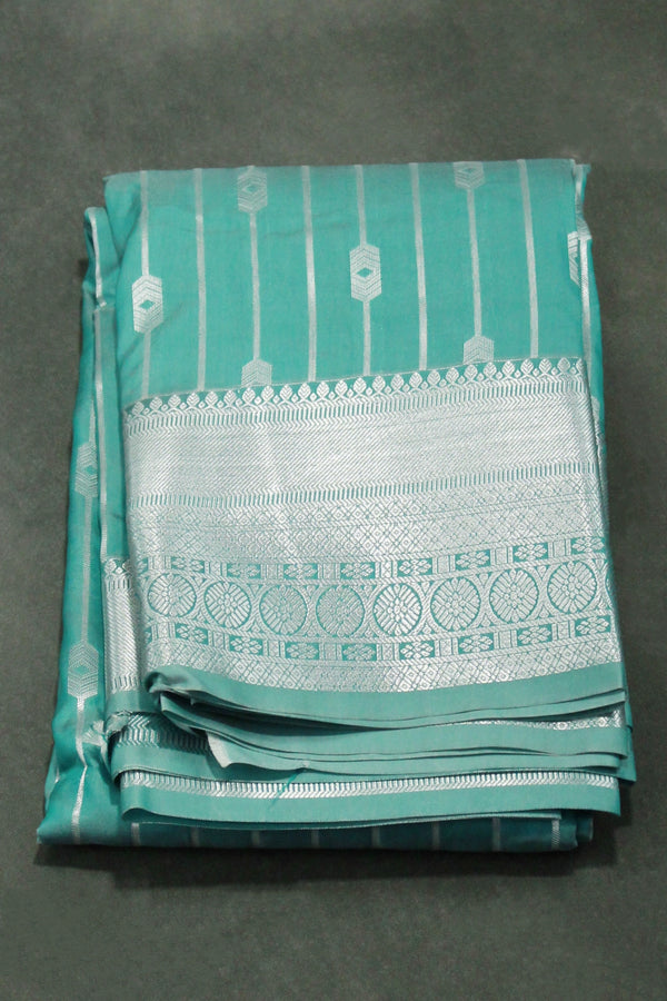 Green Bridal Vaira Oosi Semi Silk Saree with Silver Zari Border and Blouse Piece - Green