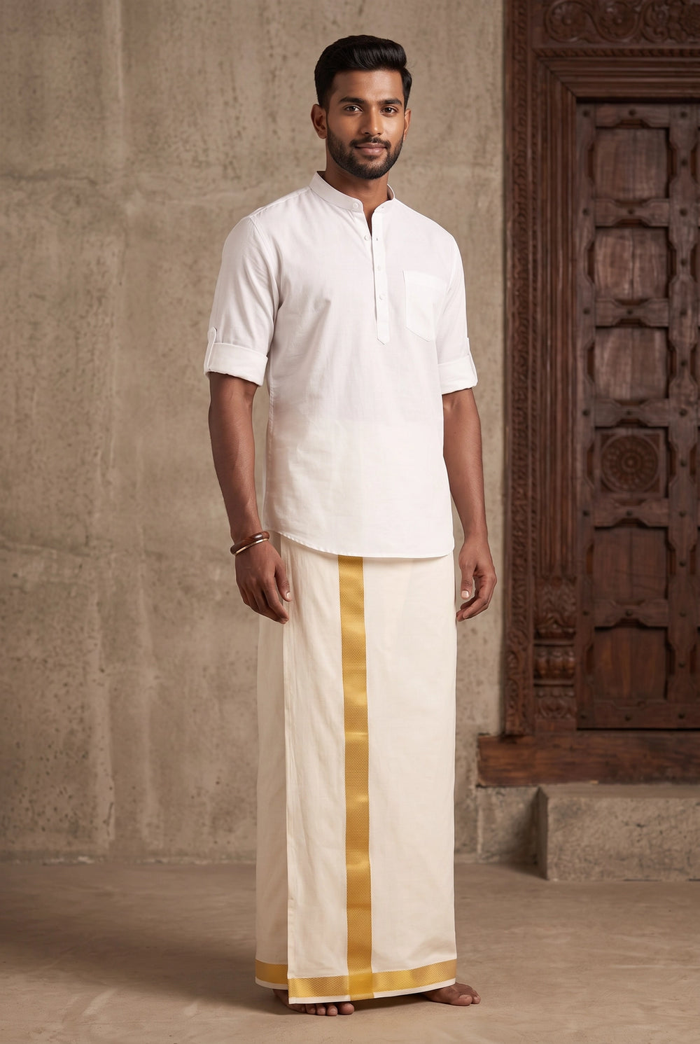 Men White Art Silk Panchakacham Dhoti (Ready-to-Wear) with Velcro Waist - White
