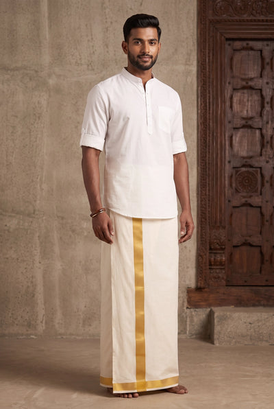 Men White Art Silk Panchakacham Dhoti (Ready-to-Wear) with Velcro Waist - White