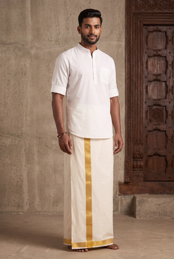 Men White Art Silk Panchakacham Dhoti (Ready-to-Wear) with Velcro Waist - White